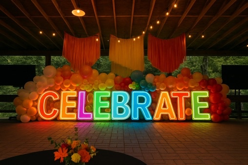LED marquee letters in front of sequin backdrop